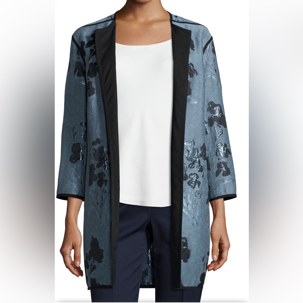 Lafayette 148, Vida metallic floral print topper. Blue Storm multi, M